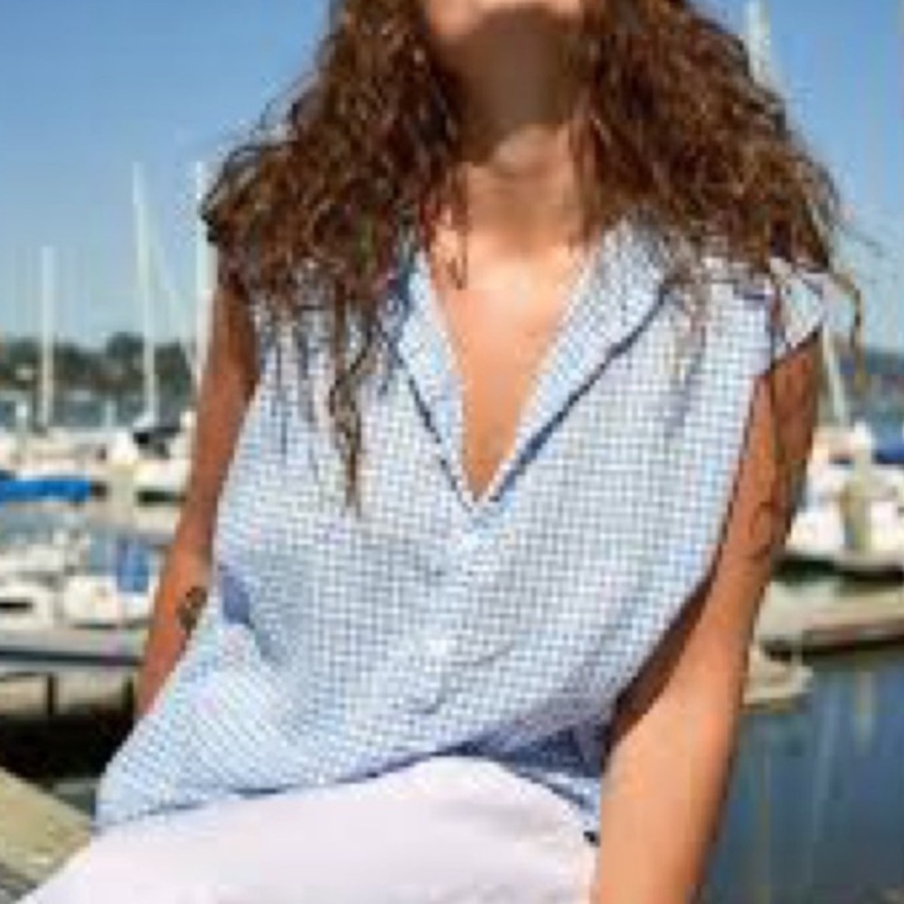 CP SHADES The Claire Top in Blue & White Gingham Check Capped Sleeves SZ: Medium